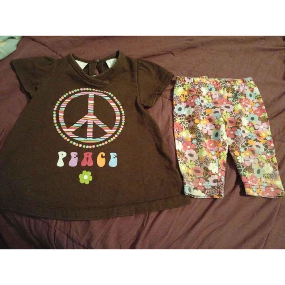 Infant girls size 12 month Miniwear brown peace sign shirt & floral pants